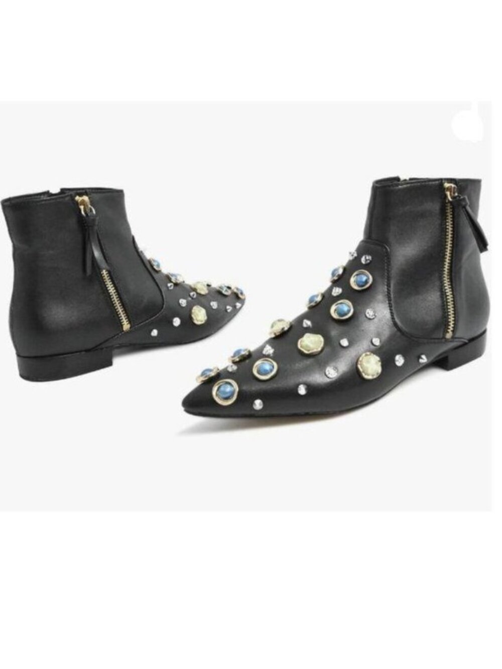 XYD Black Rhinestones Pointed Toe Low Heel Double Side Zippers Ankle Boots